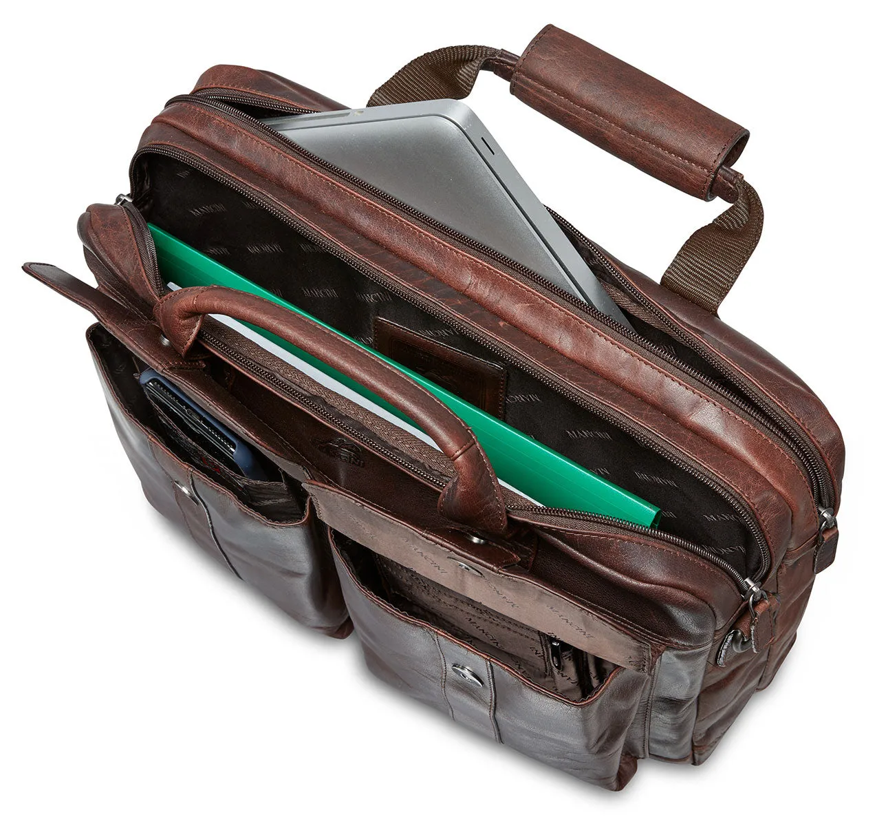 Mancini Leather Double Compartment Briefcase for 15.6" Laptop with RFID Secure Pocket, 16.25" x 4" x 12", Brown