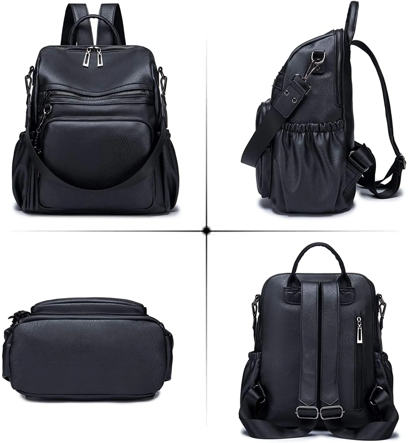 Matte Black Faux Leather Convertible Backpack