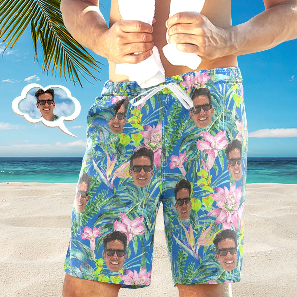 Men's Custom Face Beach Trunks Photo Shorts Beach Shorts Men's Photo Swim Trunks - Pink Flower