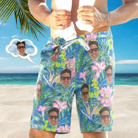 Men's Custom Face Beach Trunks Photo Shorts Beach Shorts Men's Photo Swim Trunks - Pink Flower