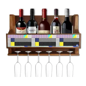 Nutcase Designer Wooden Wine Rack Gloss Holder, Teak Wood Wall Mounted Wine
 Cabinet , 5 bottle Hangers for 6 Wine Glasses - CheckBox Pattern