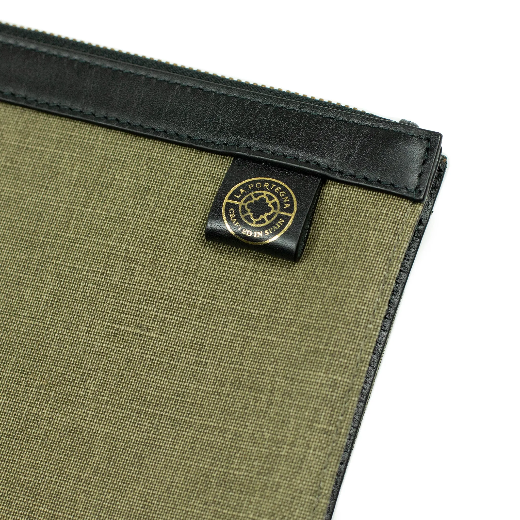 Palma portfolio in olive green canvas and black vegetable-tanned leather