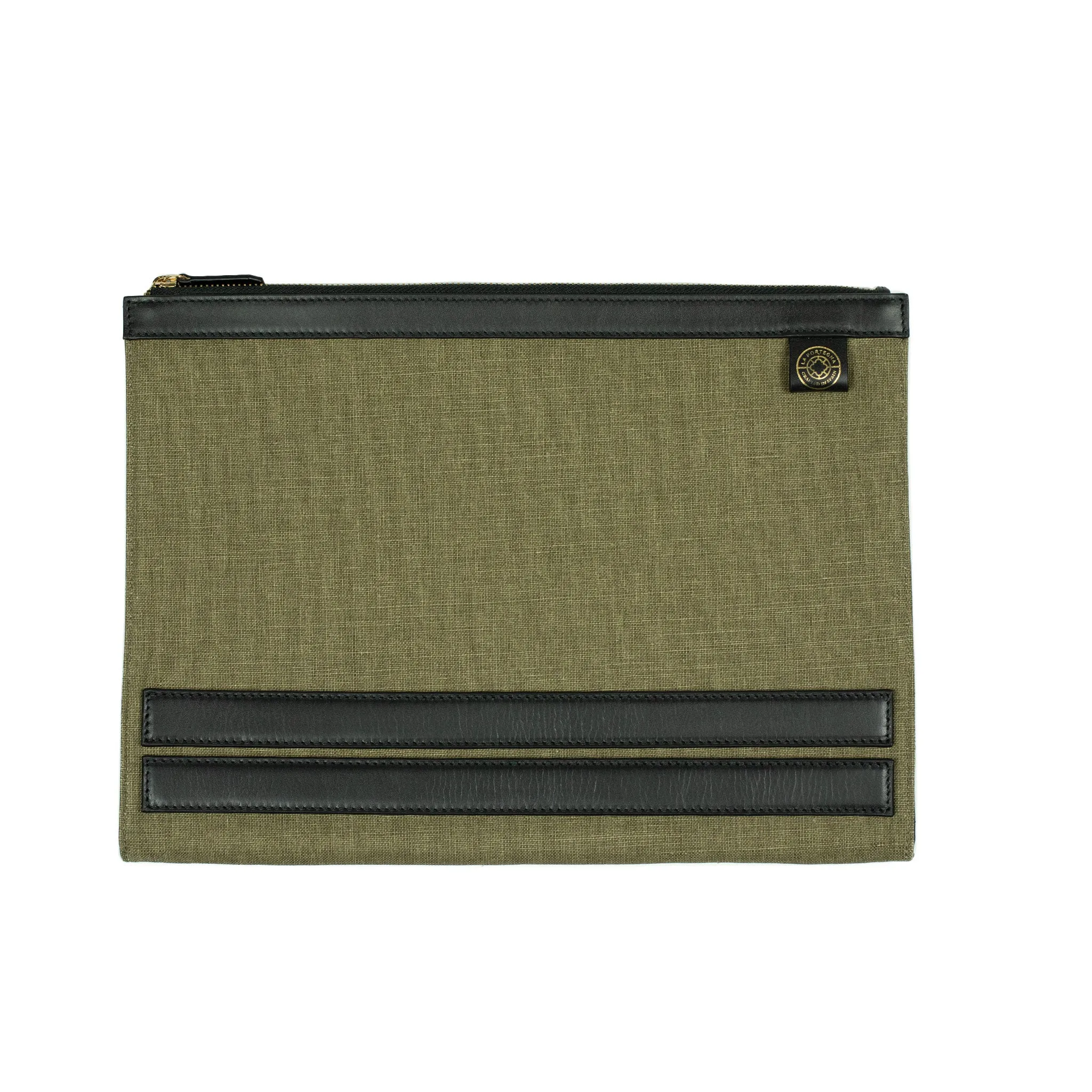 Palma portfolio in olive green canvas and black vegetable-tanned leather