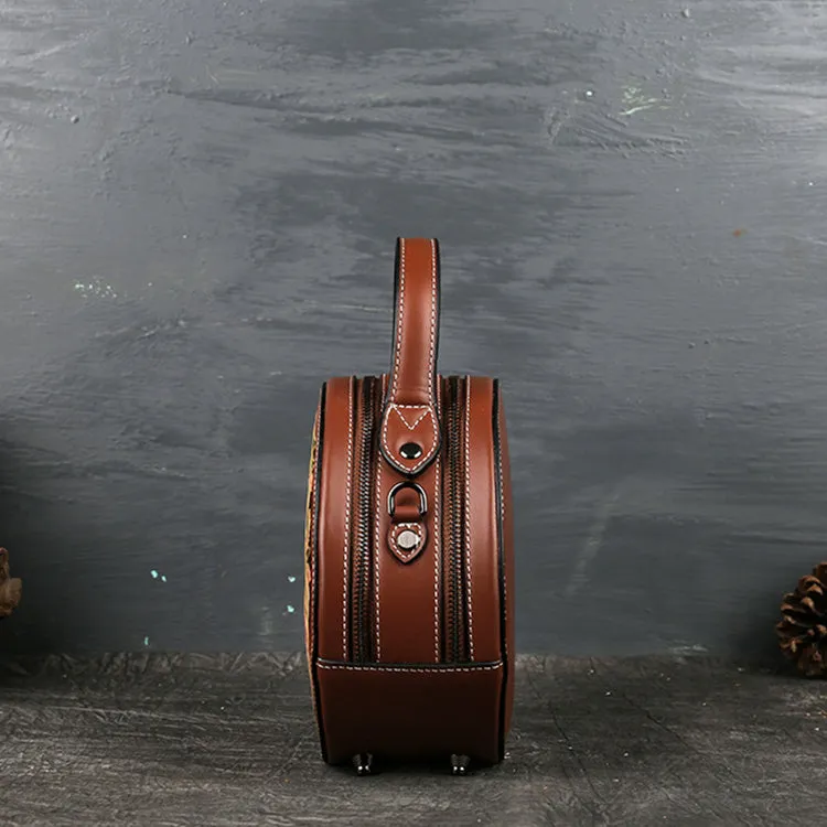 Small Womens Tooled Leather Circle Bag Round Leather Crossbody Bag For Women