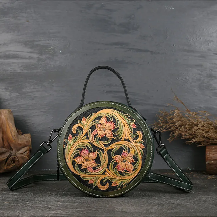 Small Womens Tooled Leather Circle Bag Round Leather Crossbody Bag For Women