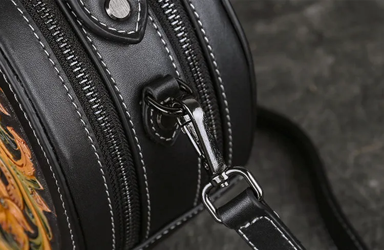 Small Womens Tooled Leather Circle Bag Round Leather Crossbody Bag For Women