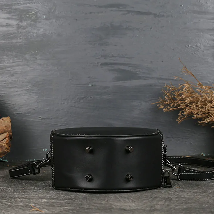 Small Womens Tooled Leather Circle Bag Round Leather Crossbody Bag For Women