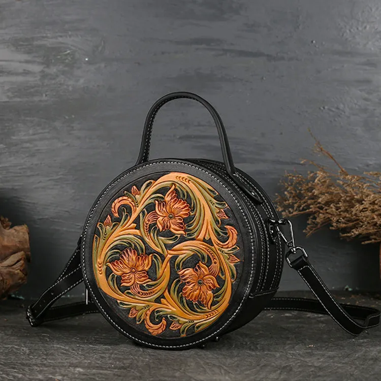 Small Womens Tooled Leather Circle Bag Round Leather Crossbody Bag For Women