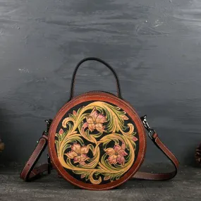 Small Womens Tooled Leather Circle Bag Round Leather Crossbody Bag For Women