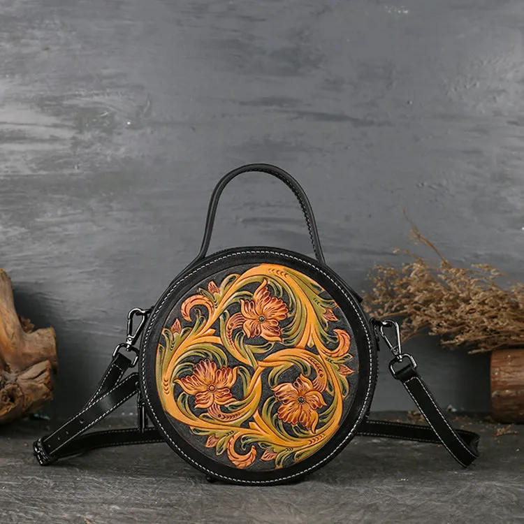 Small Womens Tooled Leather Circle Bag Round Leather Crossbody Bag For Women