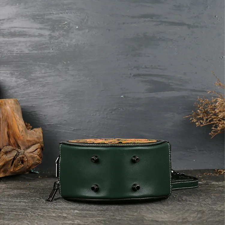 Small Womens Tooled Leather Circle Bag Round Leather Crossbody Bag For Women