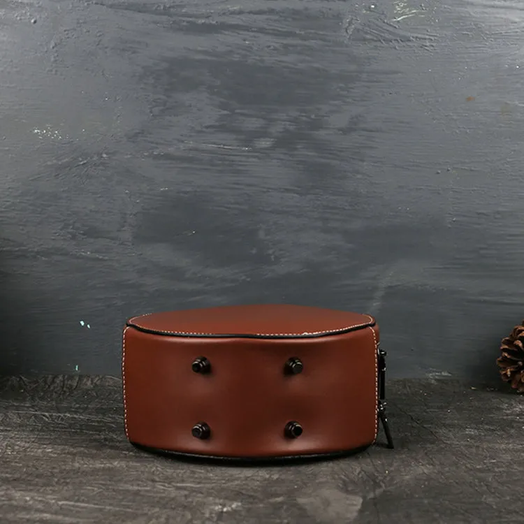 Small Womens Tooled Leather Circle Bag Round Leather Crossbody Bag For Women