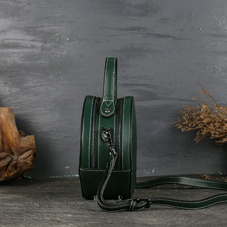 Small Womens Tooled Leather Circle Bag Round Leather Crossbody Bag For Women