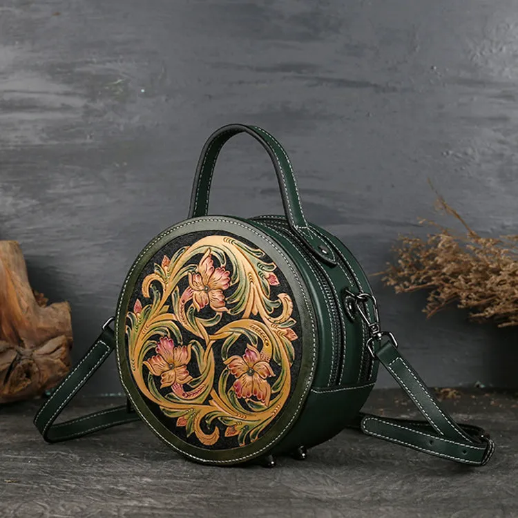 Small Womens Tooled Leather Circle Bag Round Leather Crossbody Bag For Women