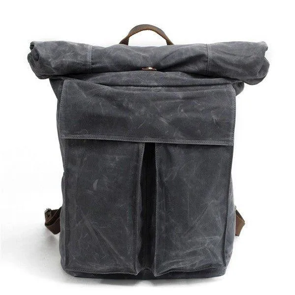 Vintage Canvas Backpack Rucksack Roll Top-Dark Grey