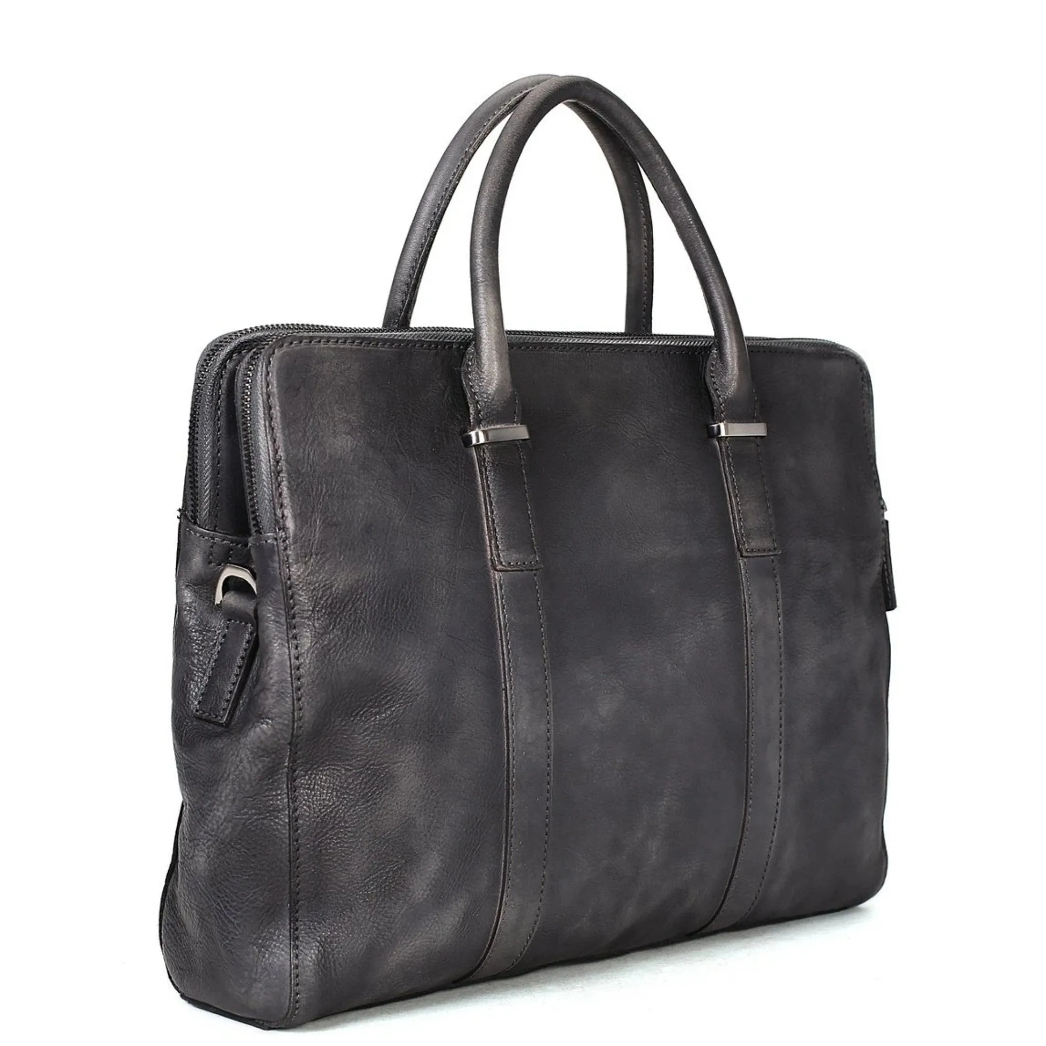 Vintage Vegetable Tanned Leather Briefcase - Dark Grey