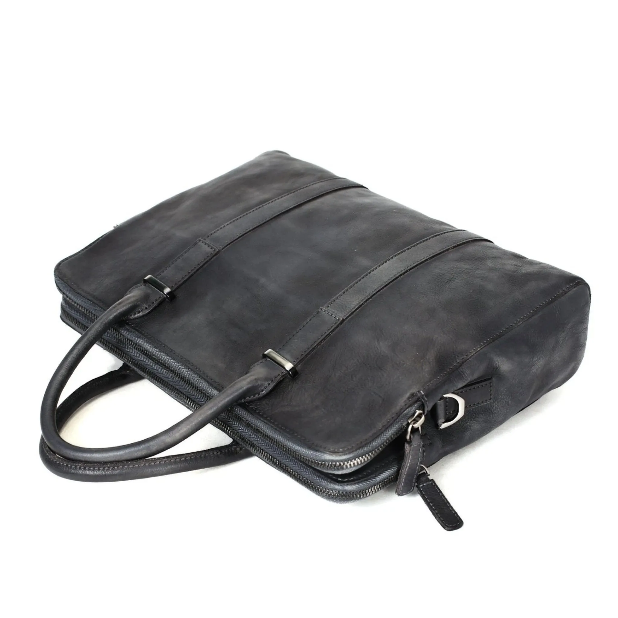 Vintage Vegetable Tanned Leather Briefcase - Dark Grey
