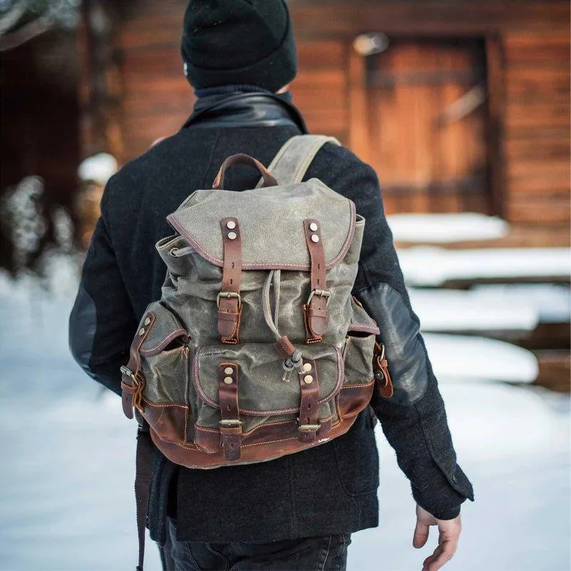 Vintage Waxed Canvas Backpack Waterproof for Men-Coffee