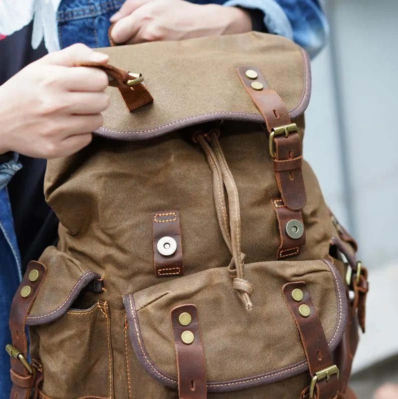 Vintage Waxed Canvas Backpack Waterproof for Men-Coffee