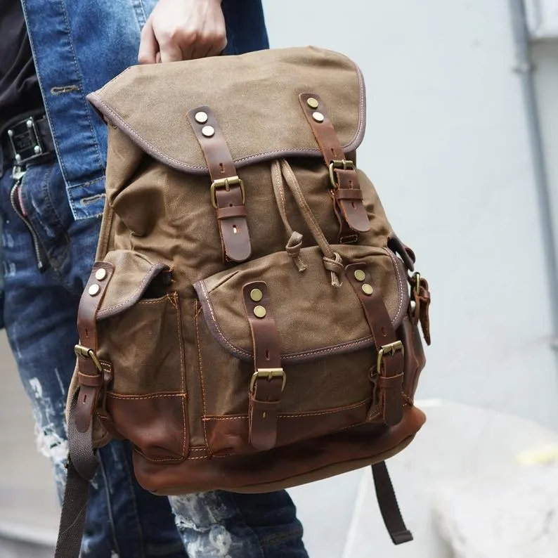 Vintage Waxed Canvas Backpack Waterproof for Men-Coffee