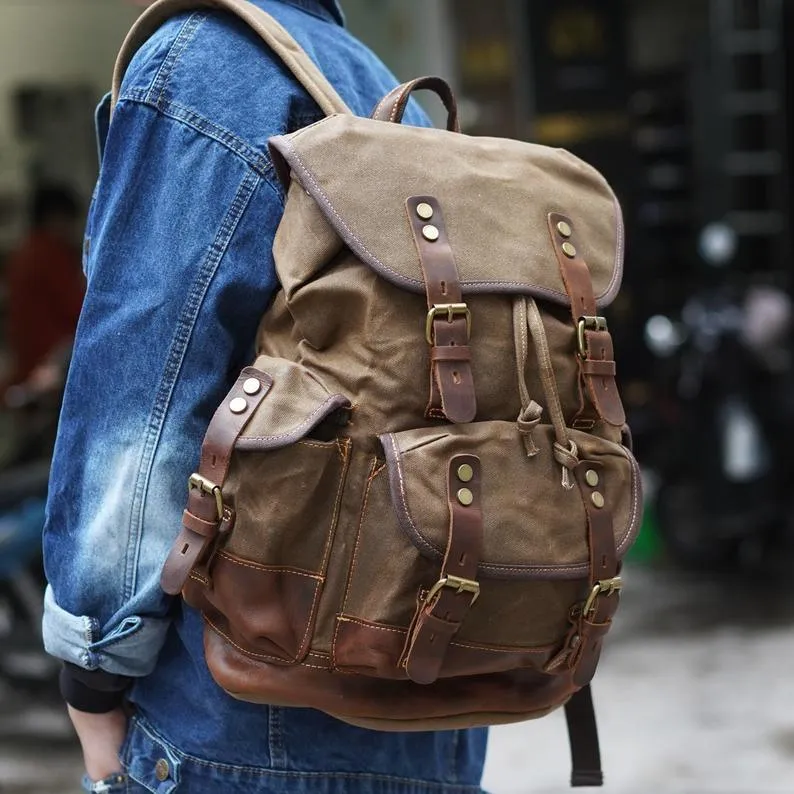 Vintage Waxed Canvas Backpack Waterproof for Men-Coffee