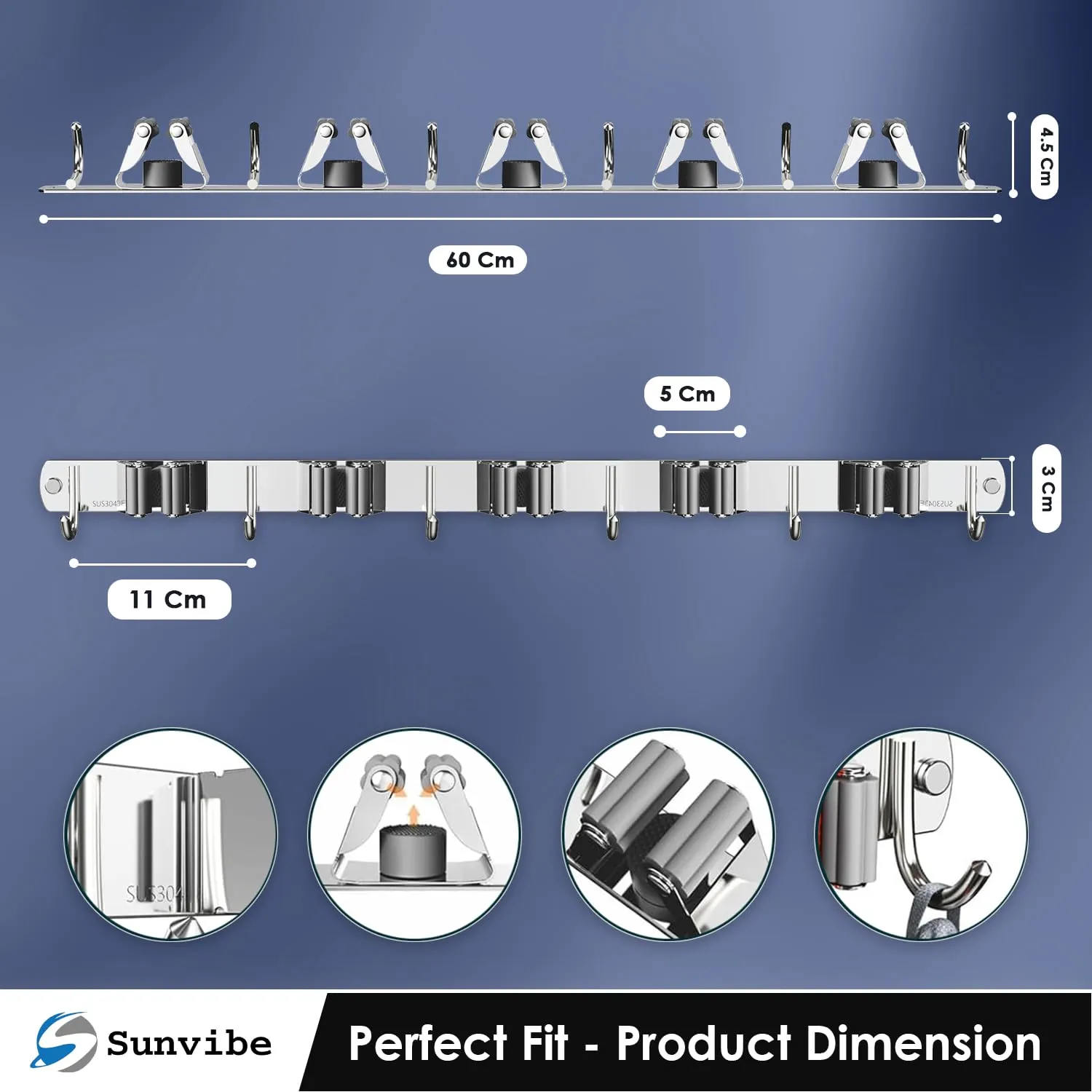 Wall Mounted Stainless Steel Mop and Broom Holder, (5 racks and 6 Hooks) (Silver)