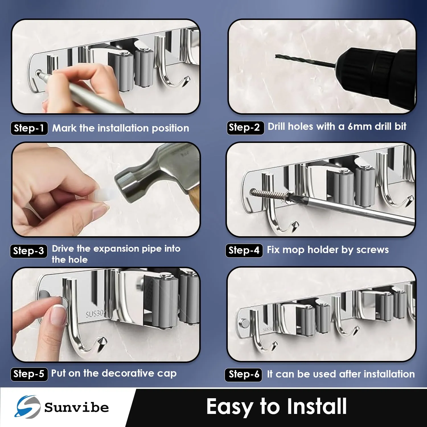 Wall Mounted Stainless Steel Mop and Broom Holder, (5 racks and 6 Hooks) (Silver)