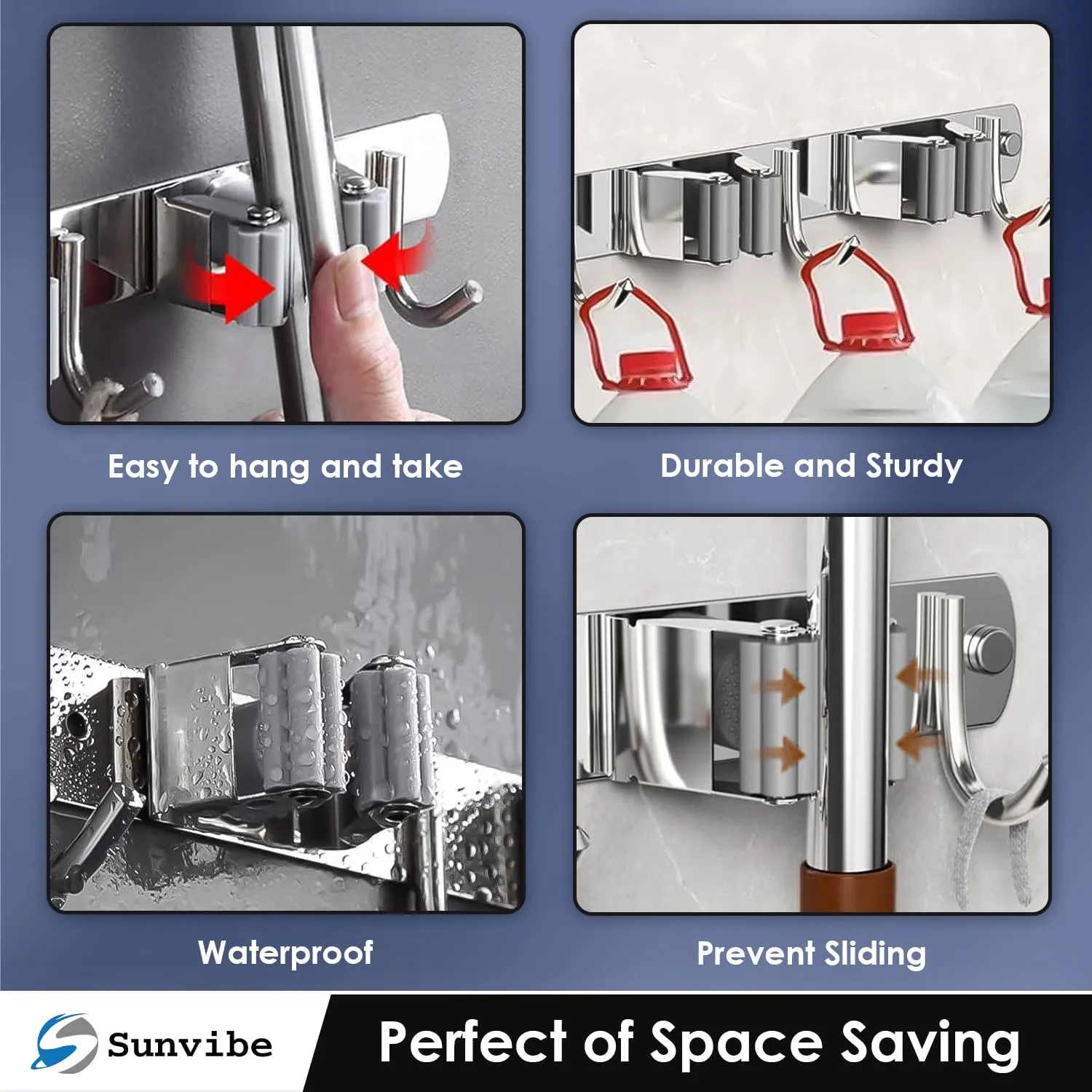 Wall Mounted Stainless Steel Mop and Broom Holder, (5 racks and 6 Hooks) (Silver)