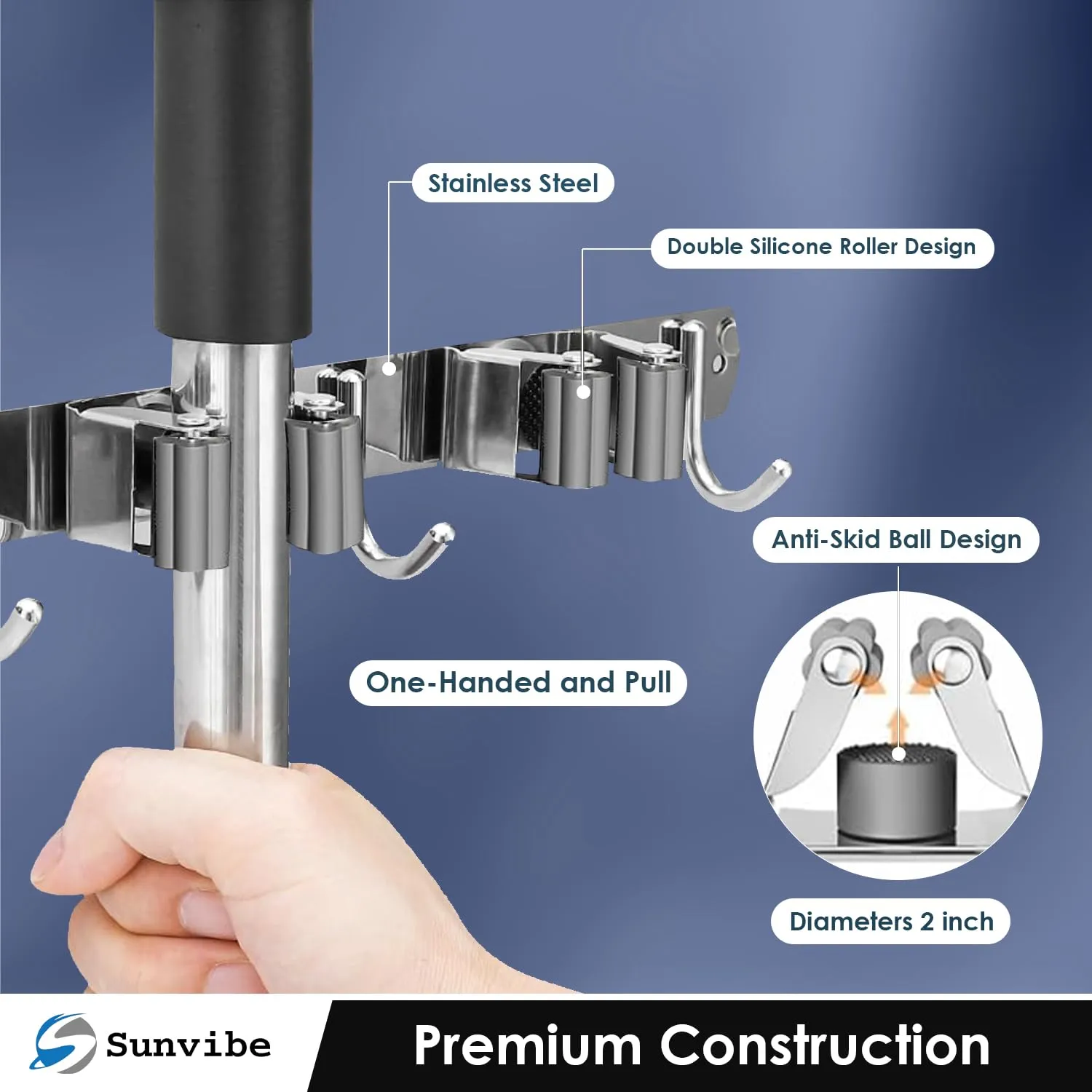 Wall Mounted Stainless Steel Mop and Broom Holder, (5 racks and 6 Hooks) (Silver)