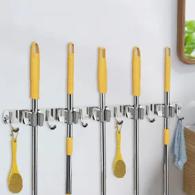 Wall Mounted Stainless Steel Mop and Broom Holder, (5 racks and 6 Hooks) (Silver)