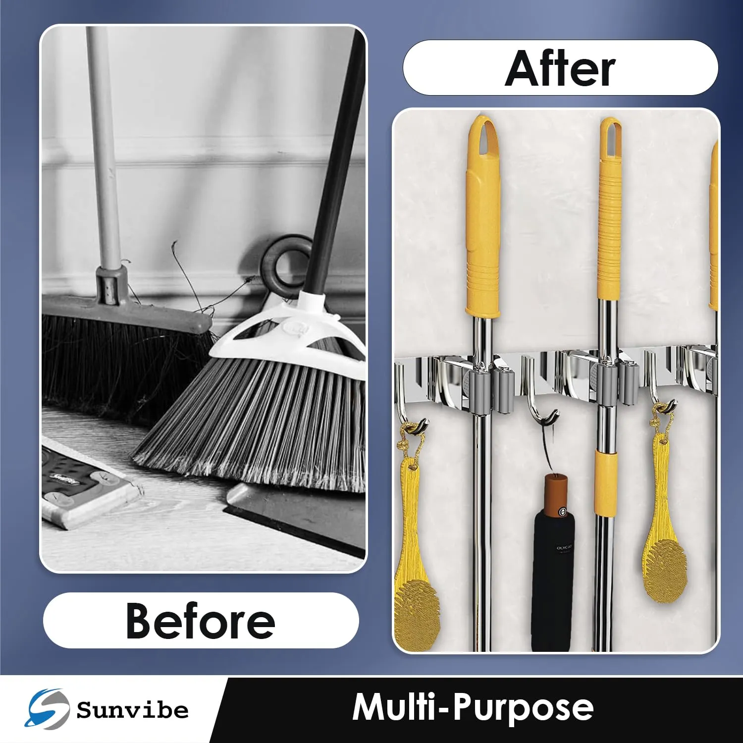 Wall Mounted Stainless Steel Mop and Broom Holder, (5 racks and 6 Hooks) (Silver)