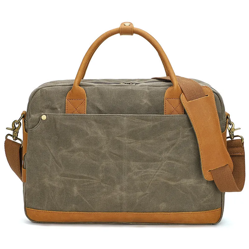 Waxed Canvas Briefcase with Crazy Horse Leather for Laptop
