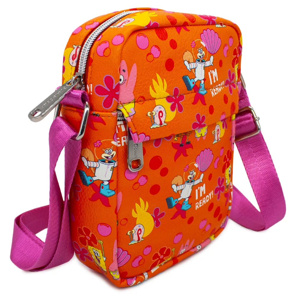 Women's Crossbody Wallet - SpongeBob and Friends I'M READY Poses Flower and Bubbles Collage Orange
