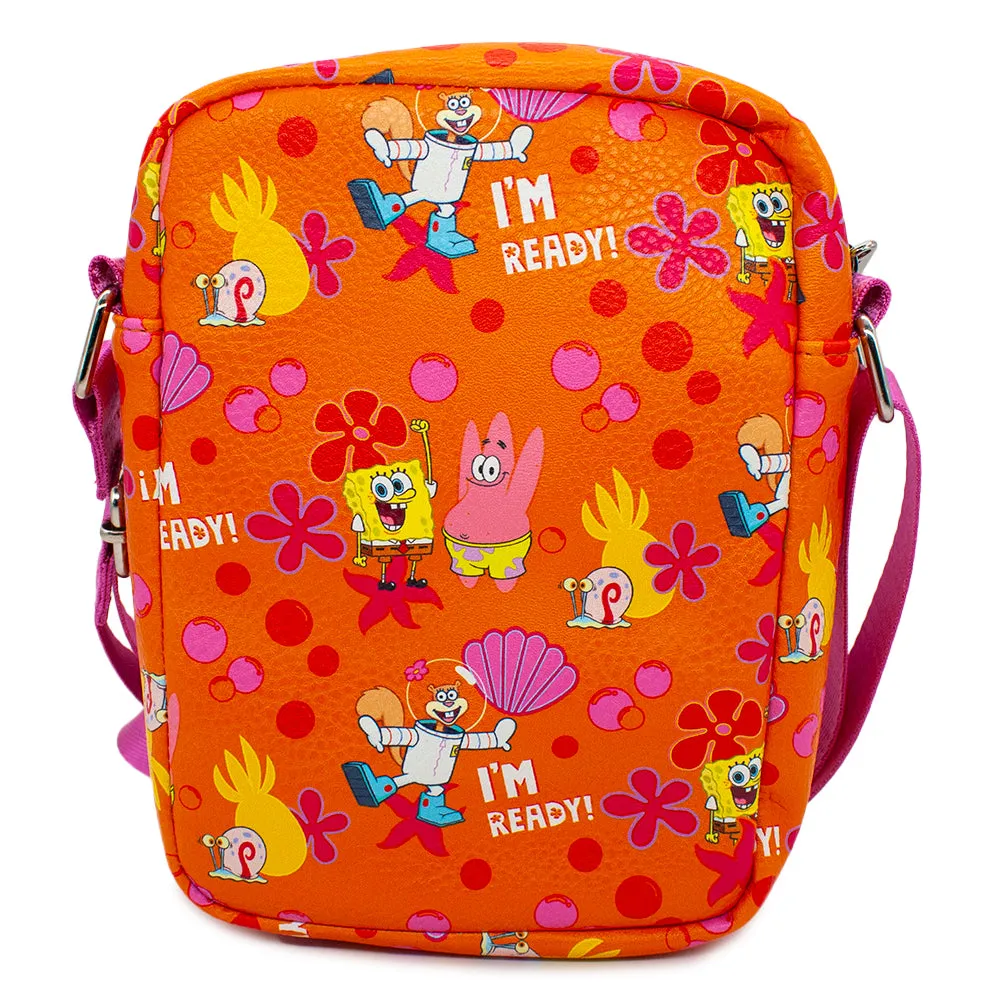 Women's Crossbody Wallet - SpongeBob and Friends I'M READY Poses Flower and Bubbles Collage Orange