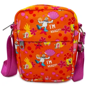 Women's Crossbody Wallet - SpongeBob and Friends I'M READY Poses Flower and Bubbles Collage Orange