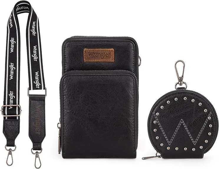 Wrangler Crossbody Cell Phone Purse 3 Zippered Compartment with Coin Pouch- Black