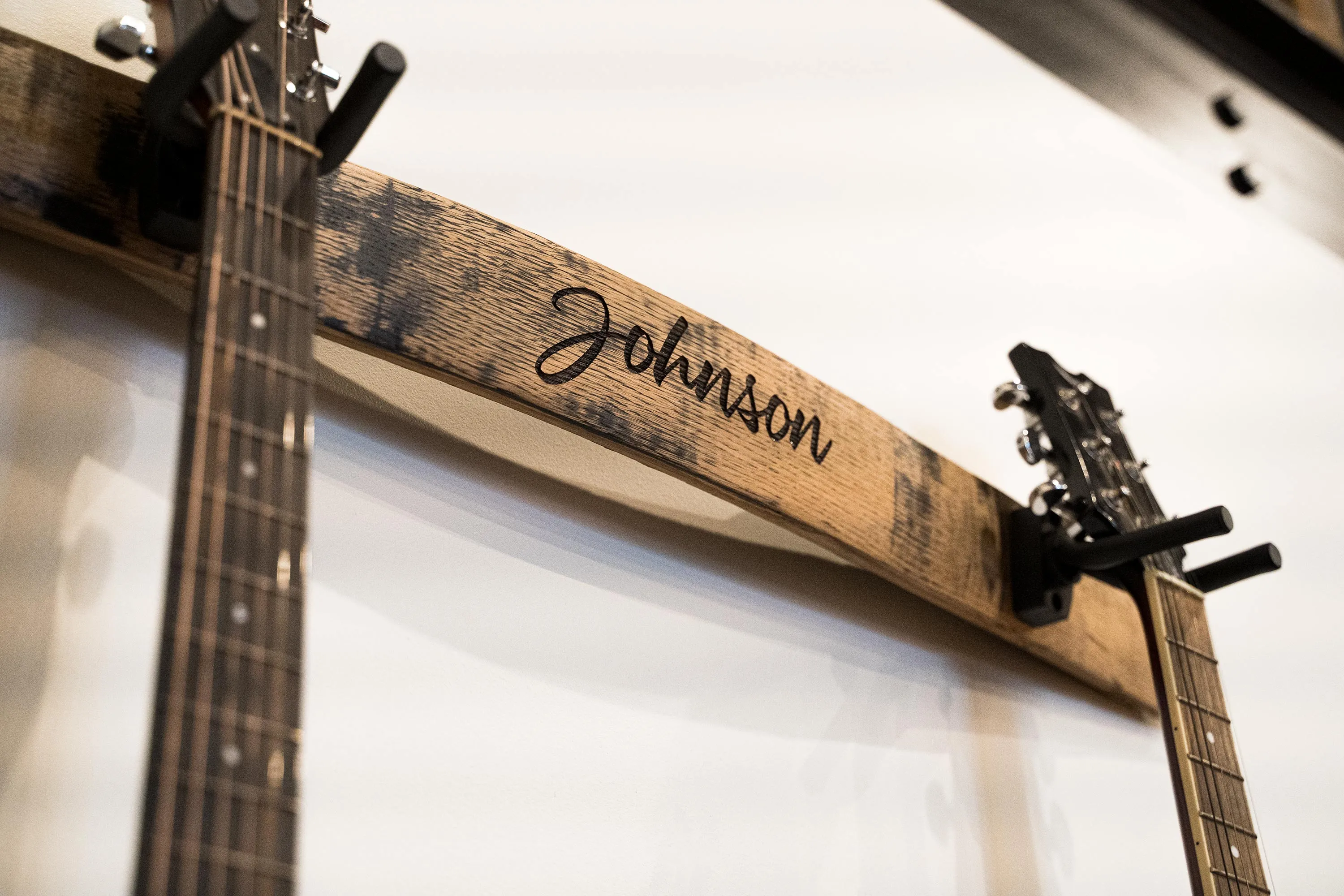 Your Logo   Our Barrels - The Shoals Whiskey Barrel Personalized Double Guitar Holder - Custom Logo and Corporate Gifting